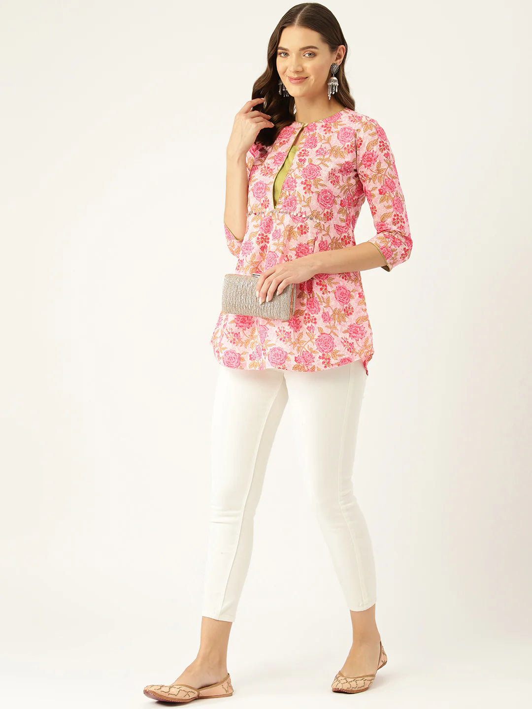 Pink Printed Sequinned Pure Cotton Kurti