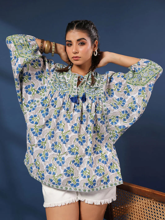 White and Green Handblock Printed Boho Volume Sleeved Top