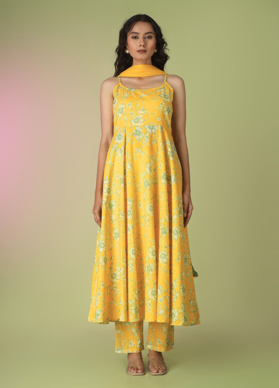 Yellow Printed Strappy Anarkali Set