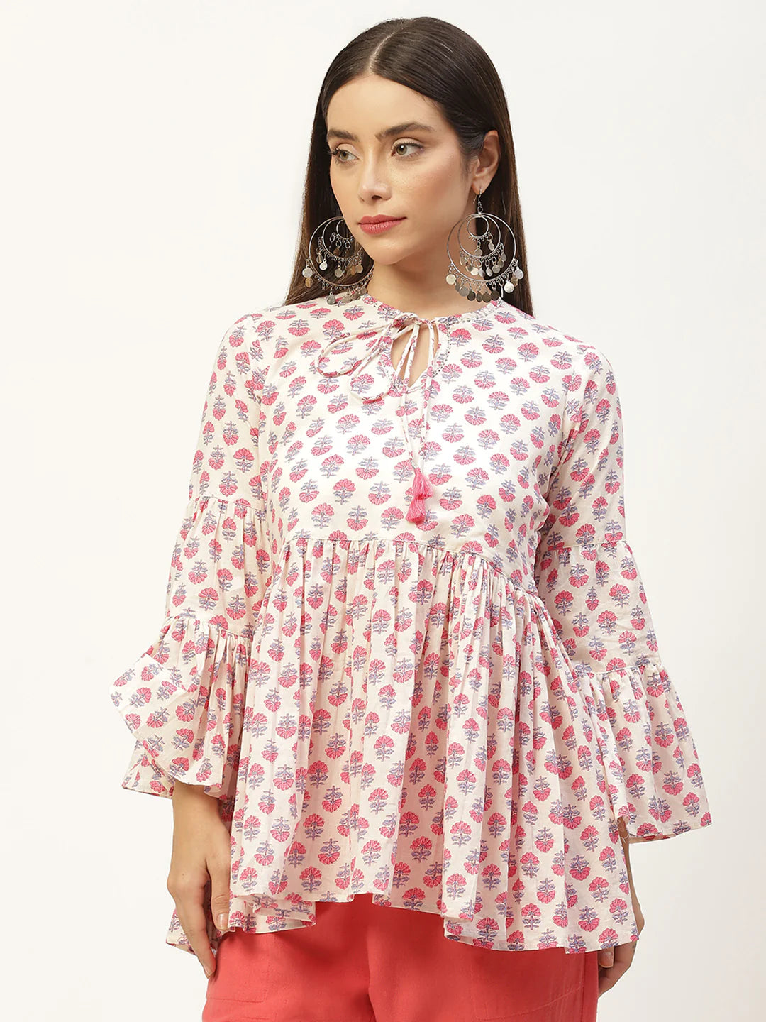 White Print Tie-Up Neck Cotton Cinched Waist Top