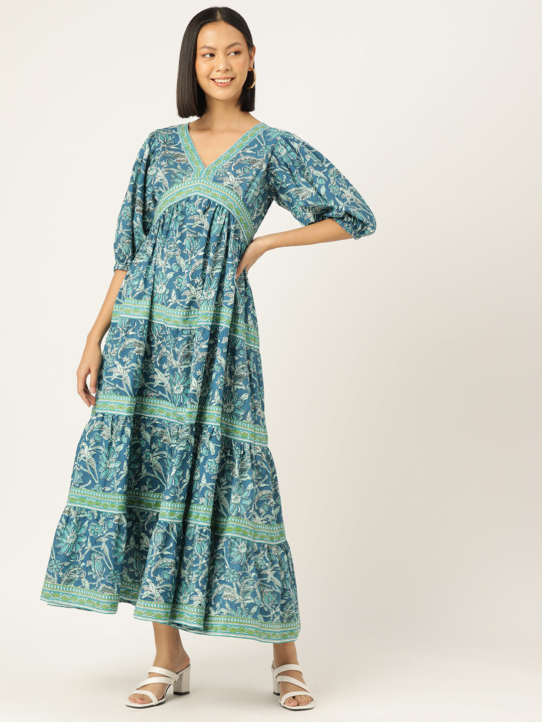Turquoise V-neck Handblock Printed Dress