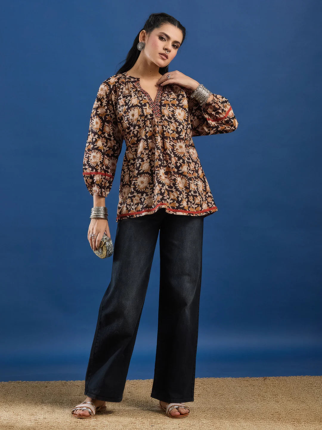 Black Floral Handblock Printed Cotton Top with Lace Detailing