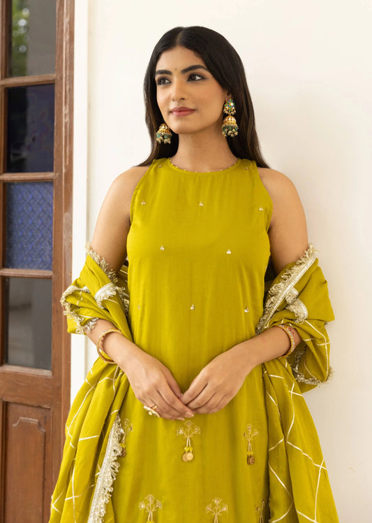 Halter Key Hole Straight Kurta Set - Mehndi Green