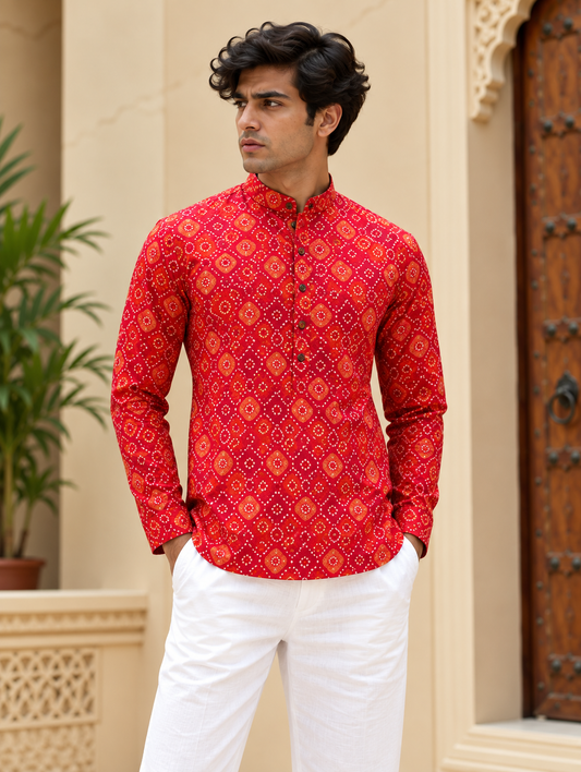 Red Bandhej Short Kurta