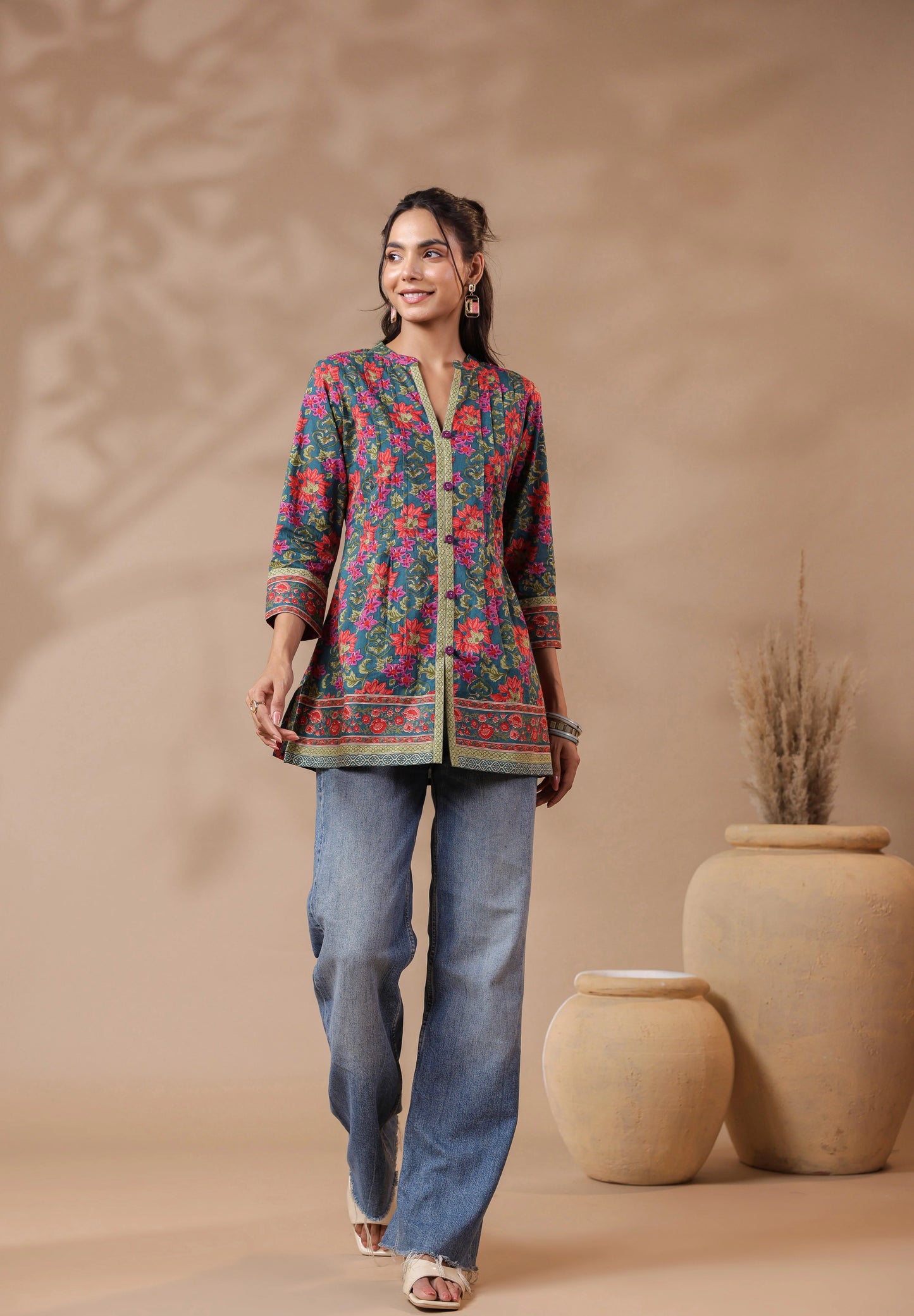 Green Printed Pintucks Cotton Top