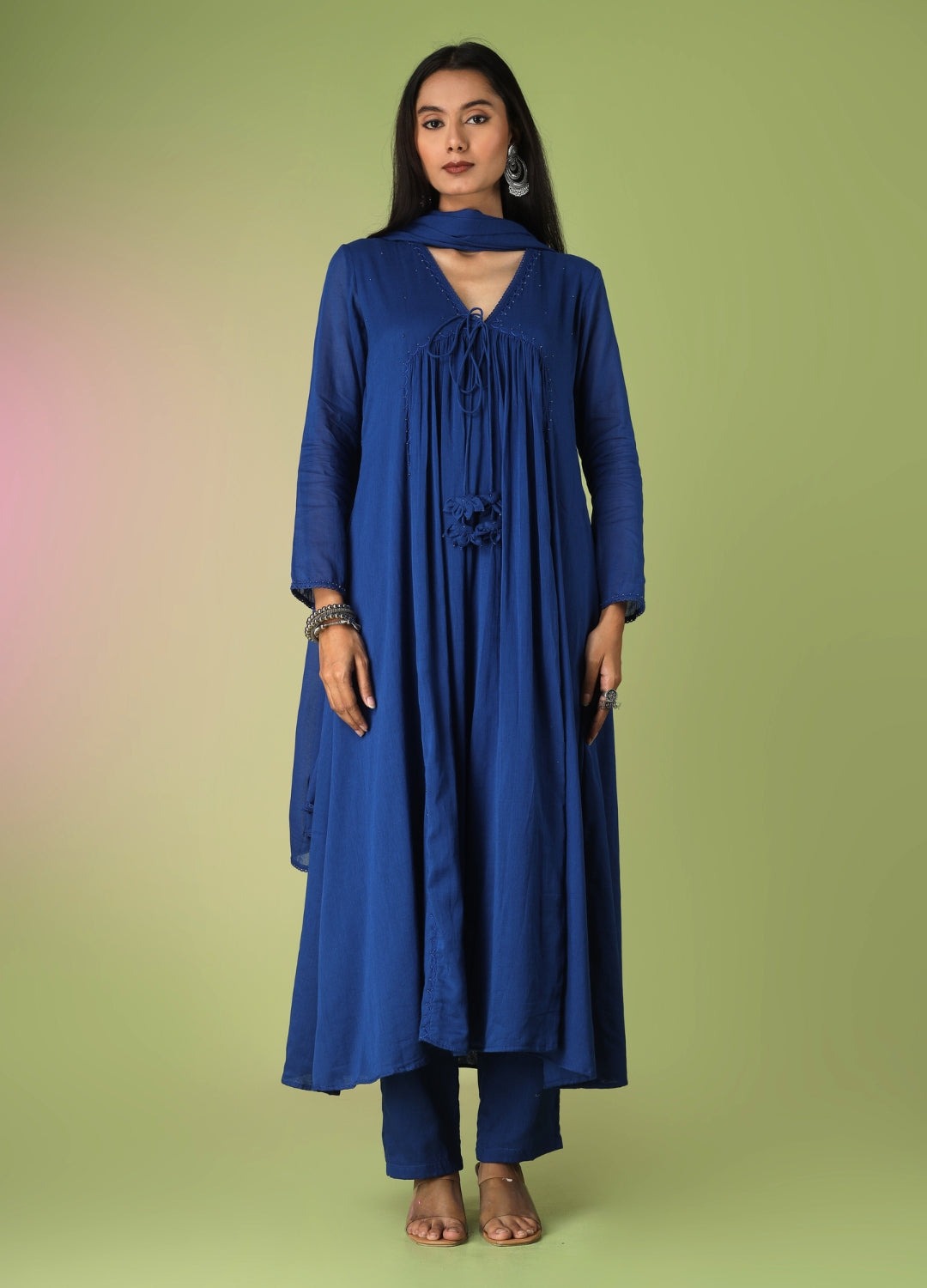 Royal Blue Front Dori Anarkali Suit Set
