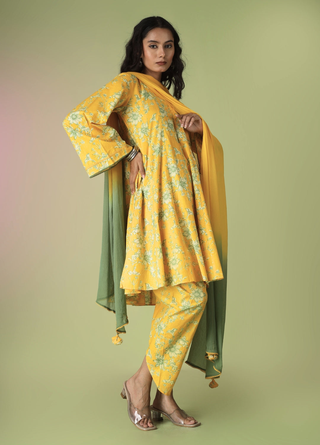 Yellow Collar Neck Short Kurta with Tulip Pants