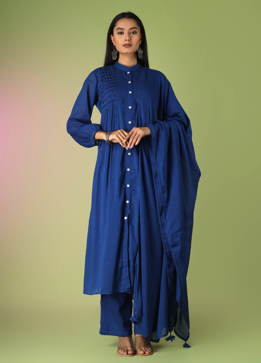 Royal Blue Pintucks Suit Set