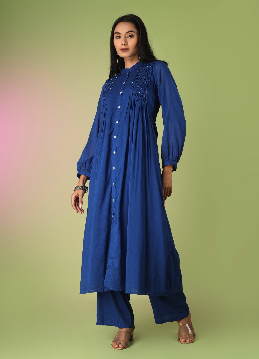 Royal Blue Pintucks Suit Set