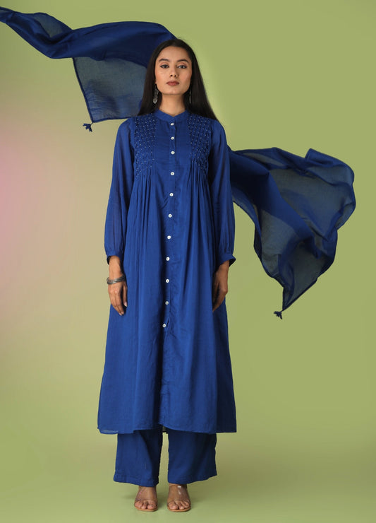 Royal Blue Pintucks Suit Set