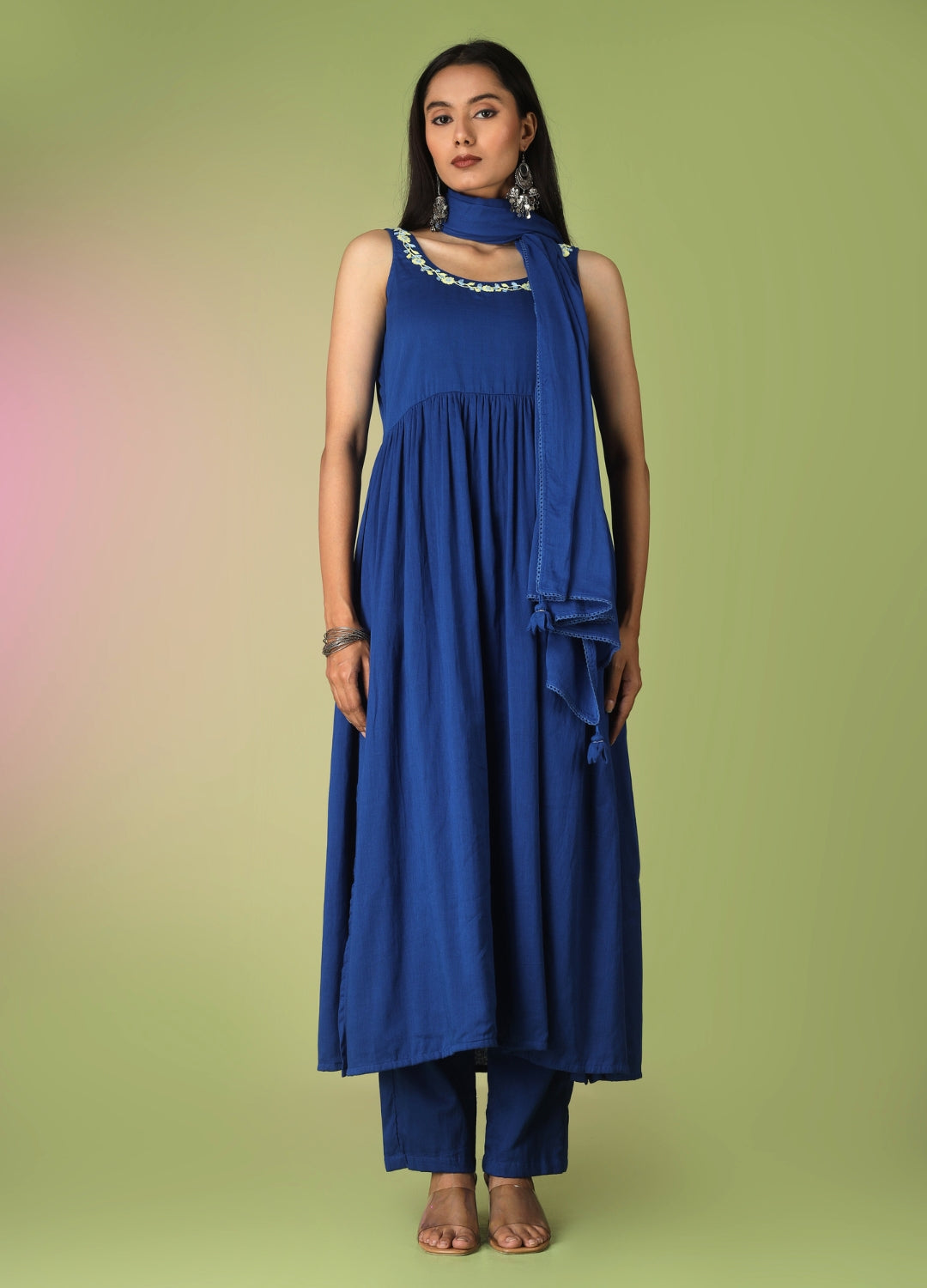Royal Blue Round Neck Anarkali Suit Set