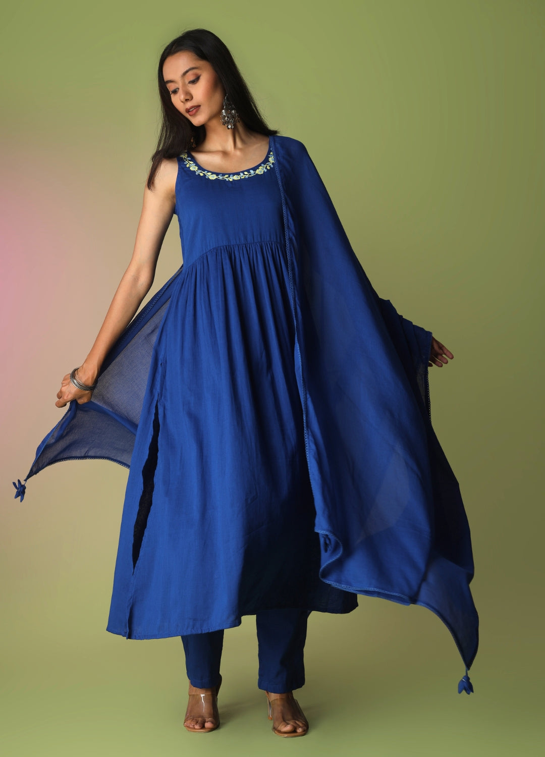 Royal Blue Round Neck Anarkali Suit Set