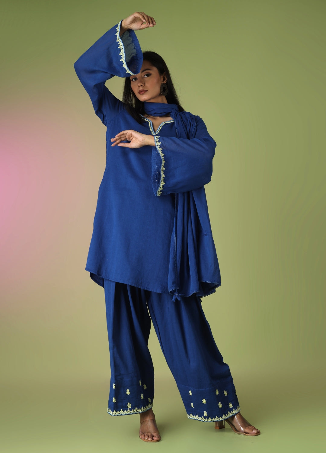 Royal Blue Short Kurta with Farshi Shalwar Set