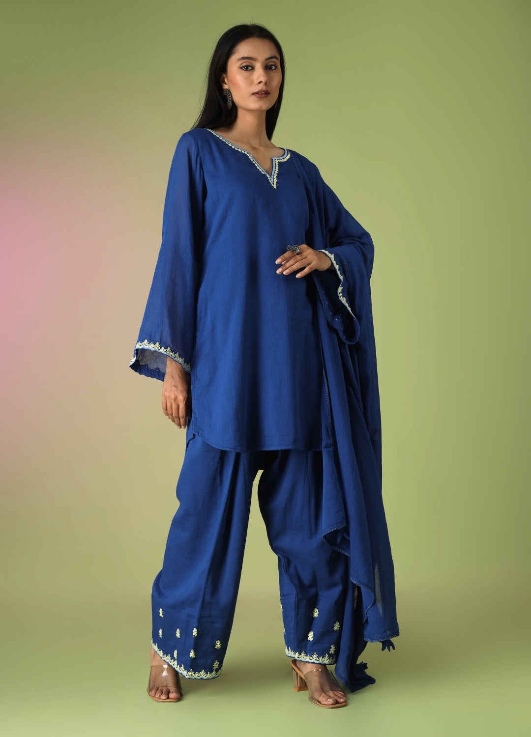 Royal Blue Short Kurta with Farshi Shalwar Set