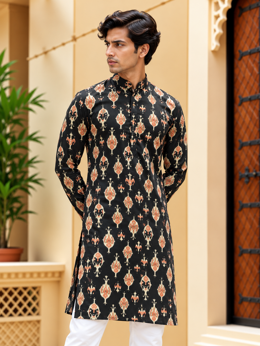 Black Multicolour Printed Long Kurta