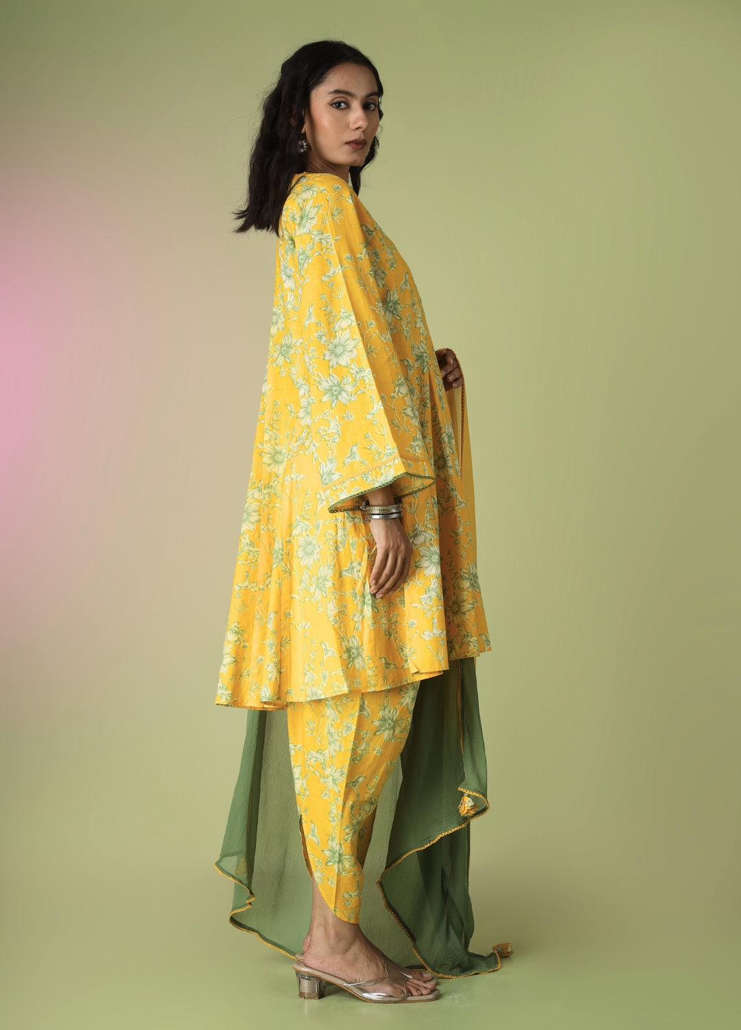 Yellow Collar Neck Short Kurta with Tulip Pants