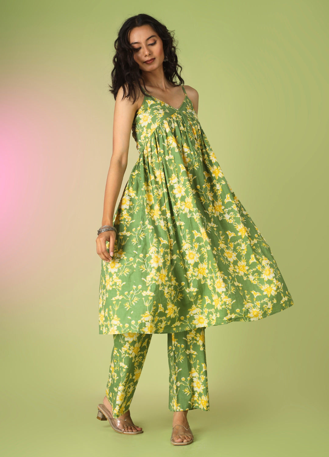 Green Printed Strappy Kurta with Palazzo