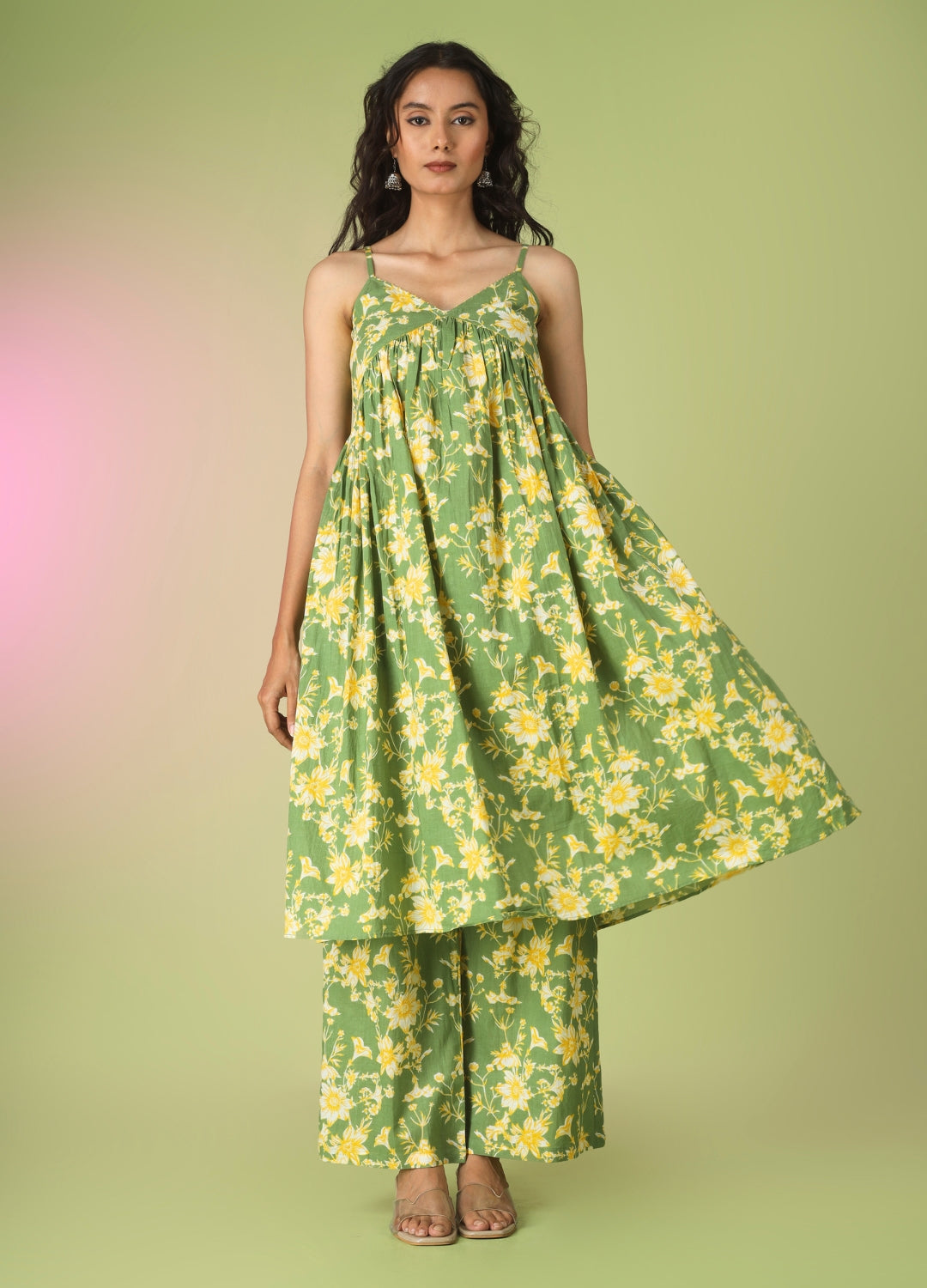 Green Printed Strappy Kurta with Palazzo