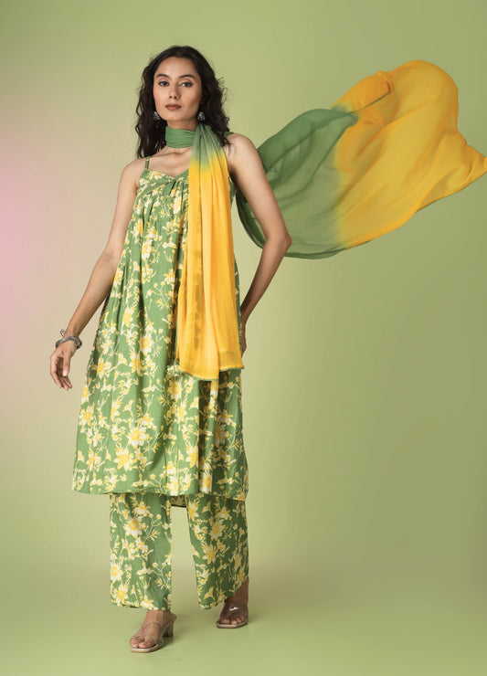 Green Printed Strappy Kurta with Palazzo