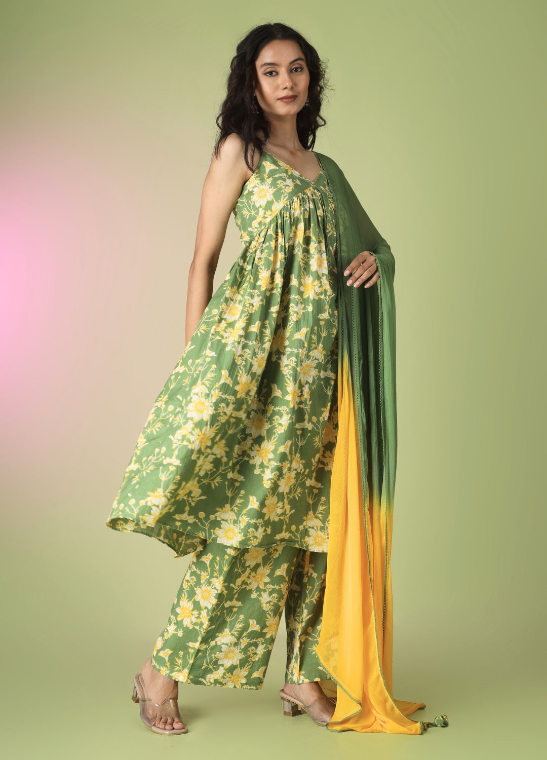 Green Printed Strappy Kurta with Palazzo