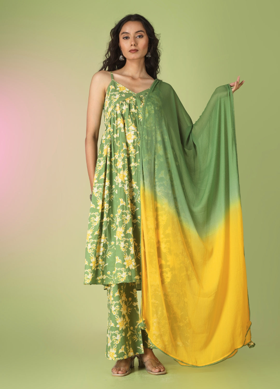 Green Printed Strappy Kurta with Palazzo