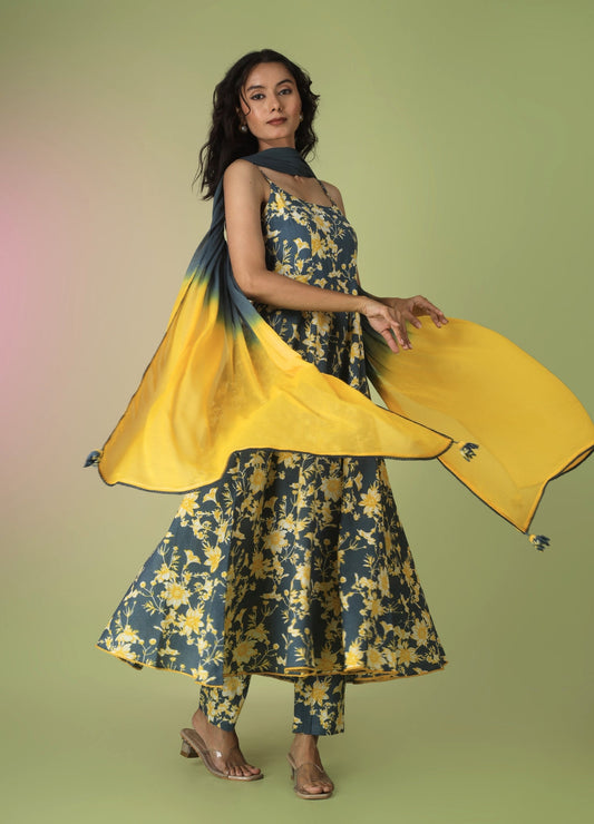 Blue Printed Strappy Anarkali Set