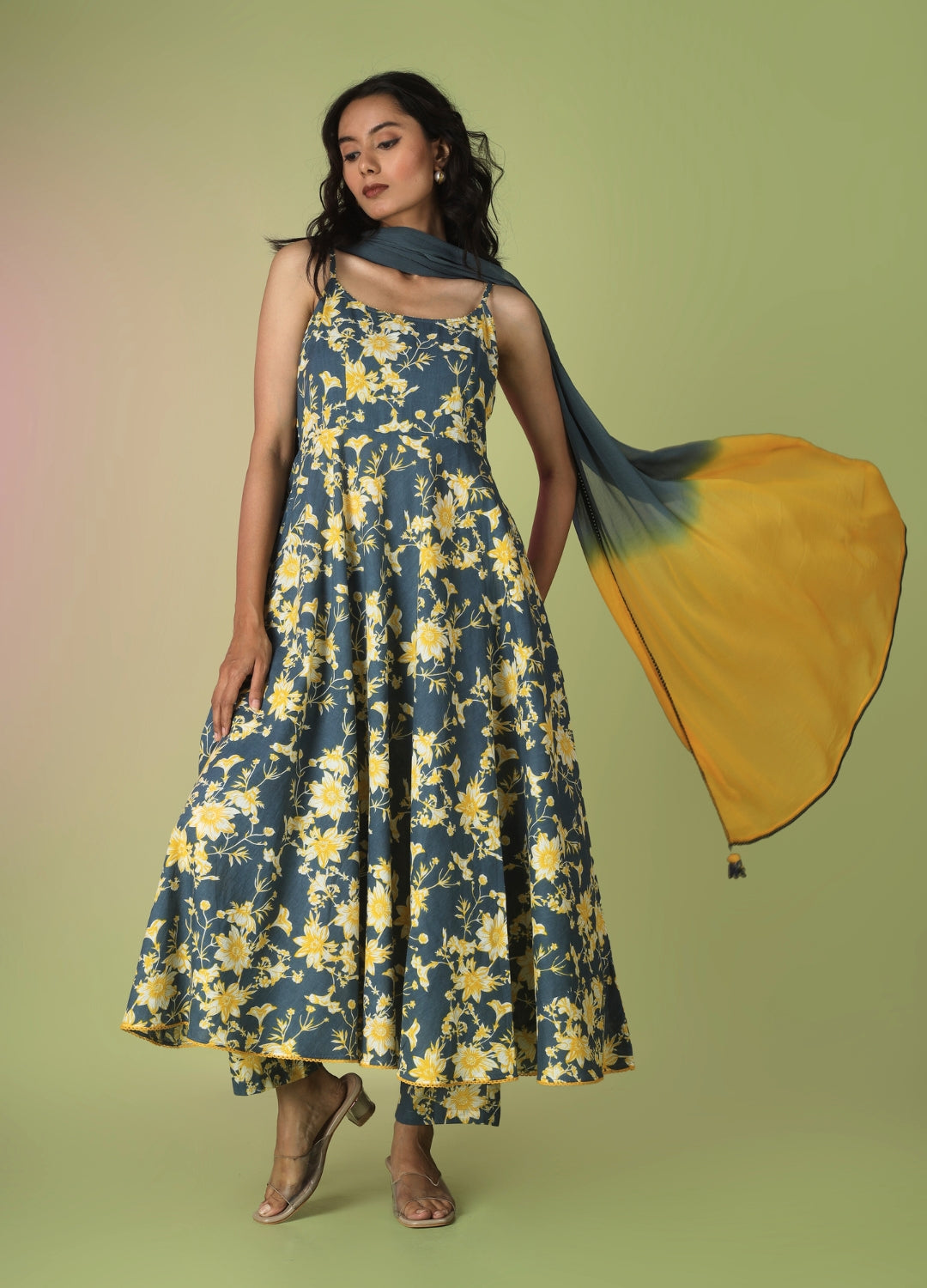 Blue Printed Strappy Anarkali Set