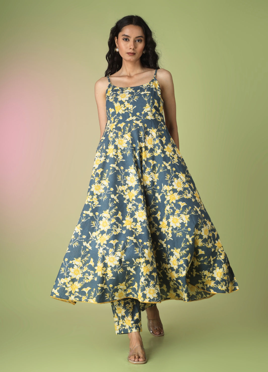 Blue Printed Strappy Anarkali Set