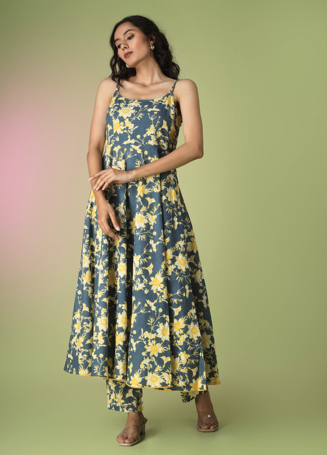 Blue Printed Strappy Anarkali Set