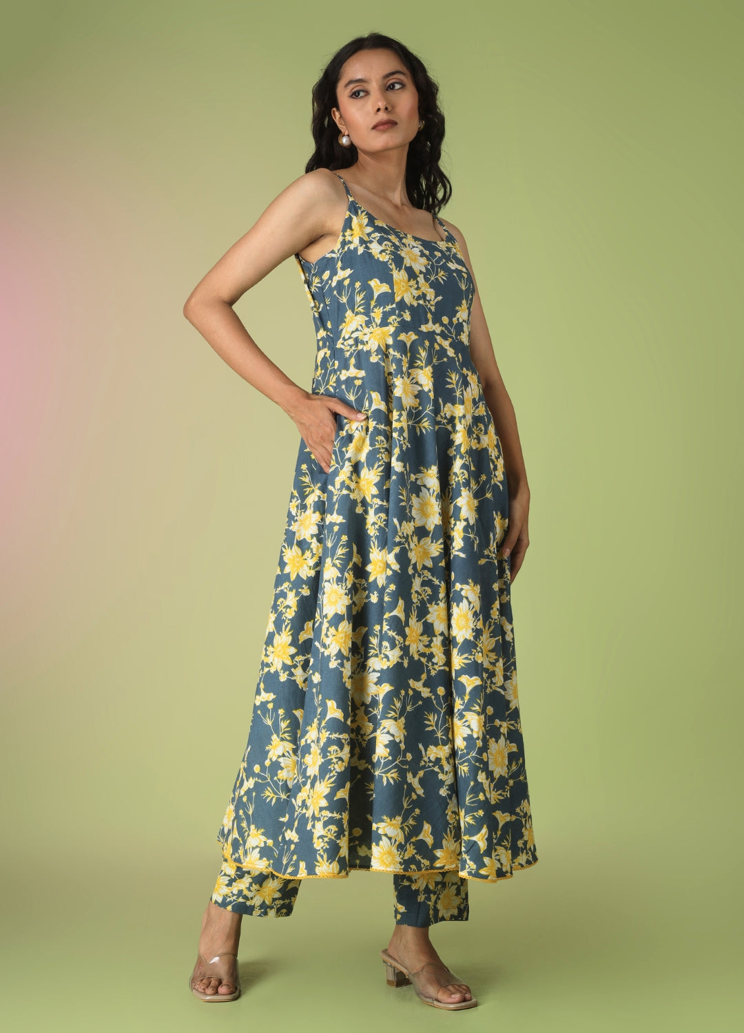 Blue Printed Strappy Anarkali Set