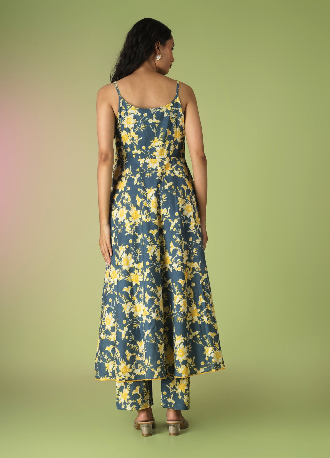 Blue Printed Strappy Anarkali Set