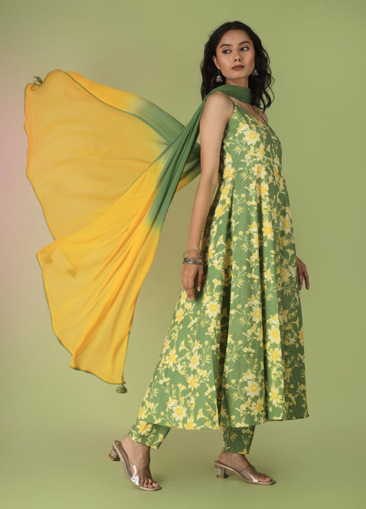 Green Printed Strappy Anarkali Set