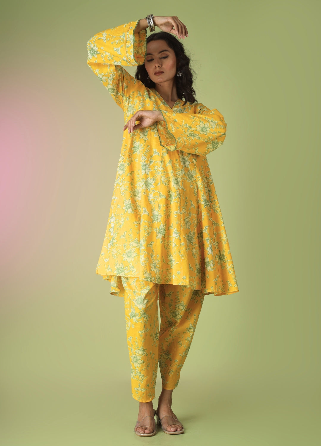Yellow Collar Neck Short Kurta with Tulip Pants