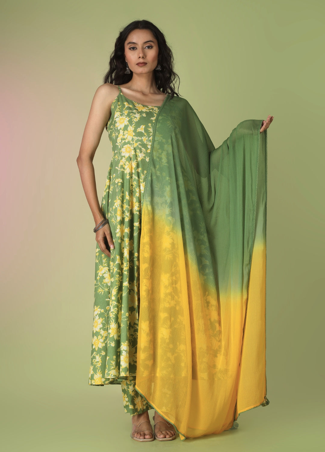 Green Printed Strappy Anarkali Set