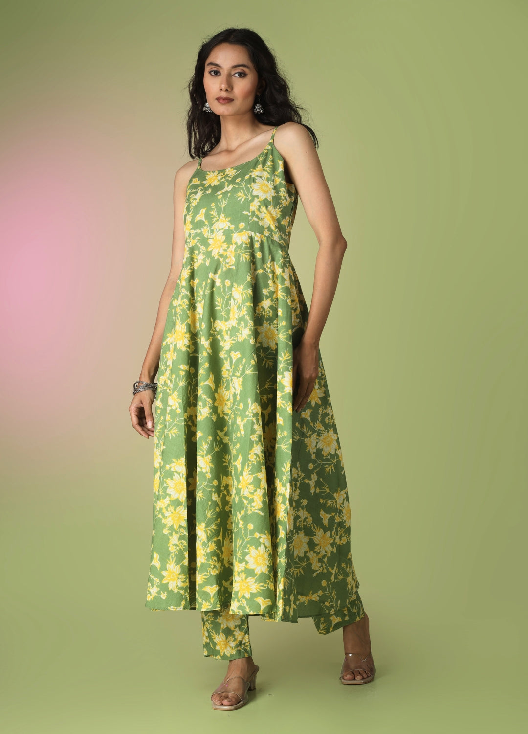 Green Printed Strappy Anarkali Set