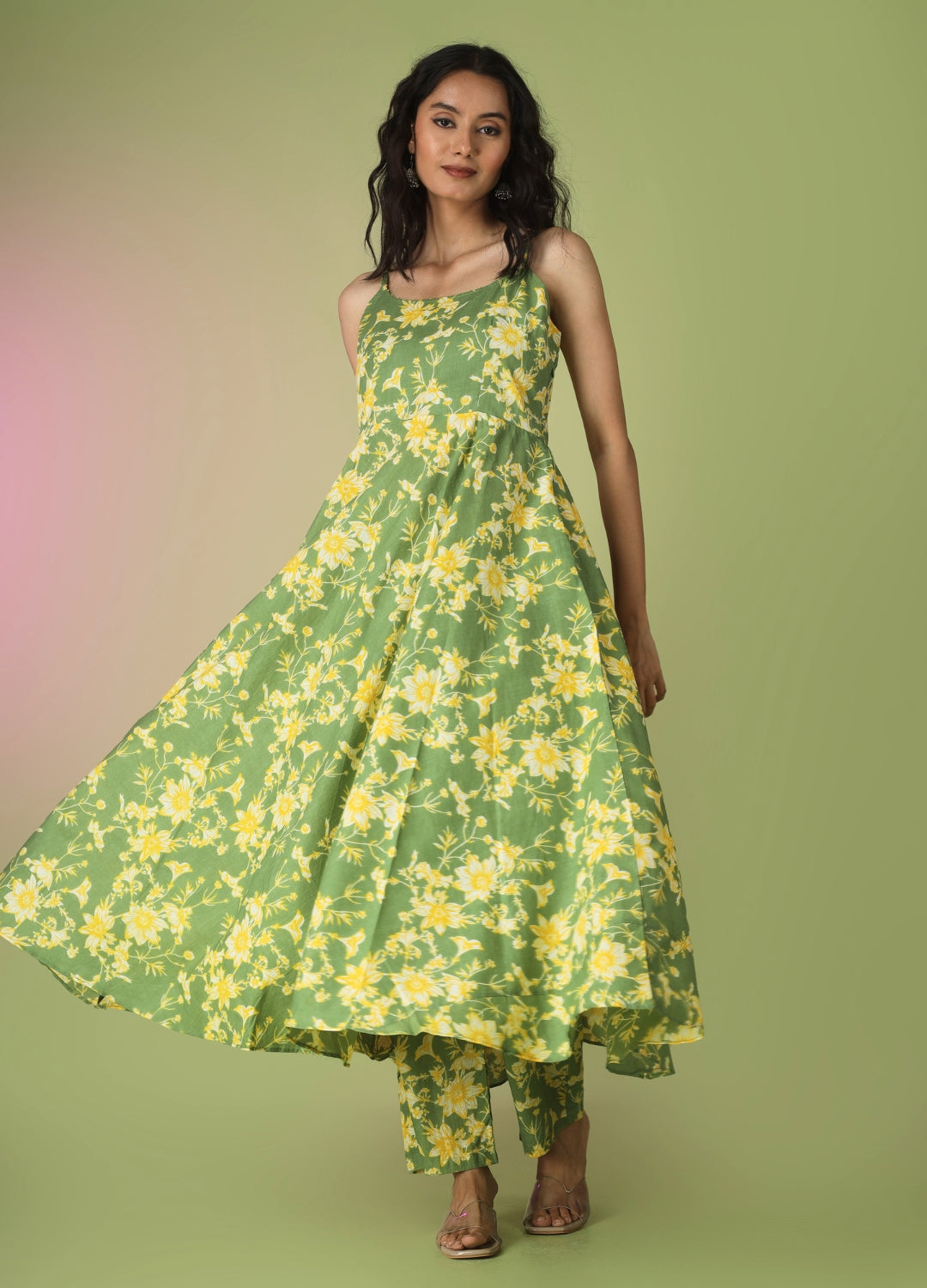 Green Printed Strappy Anarkali Set