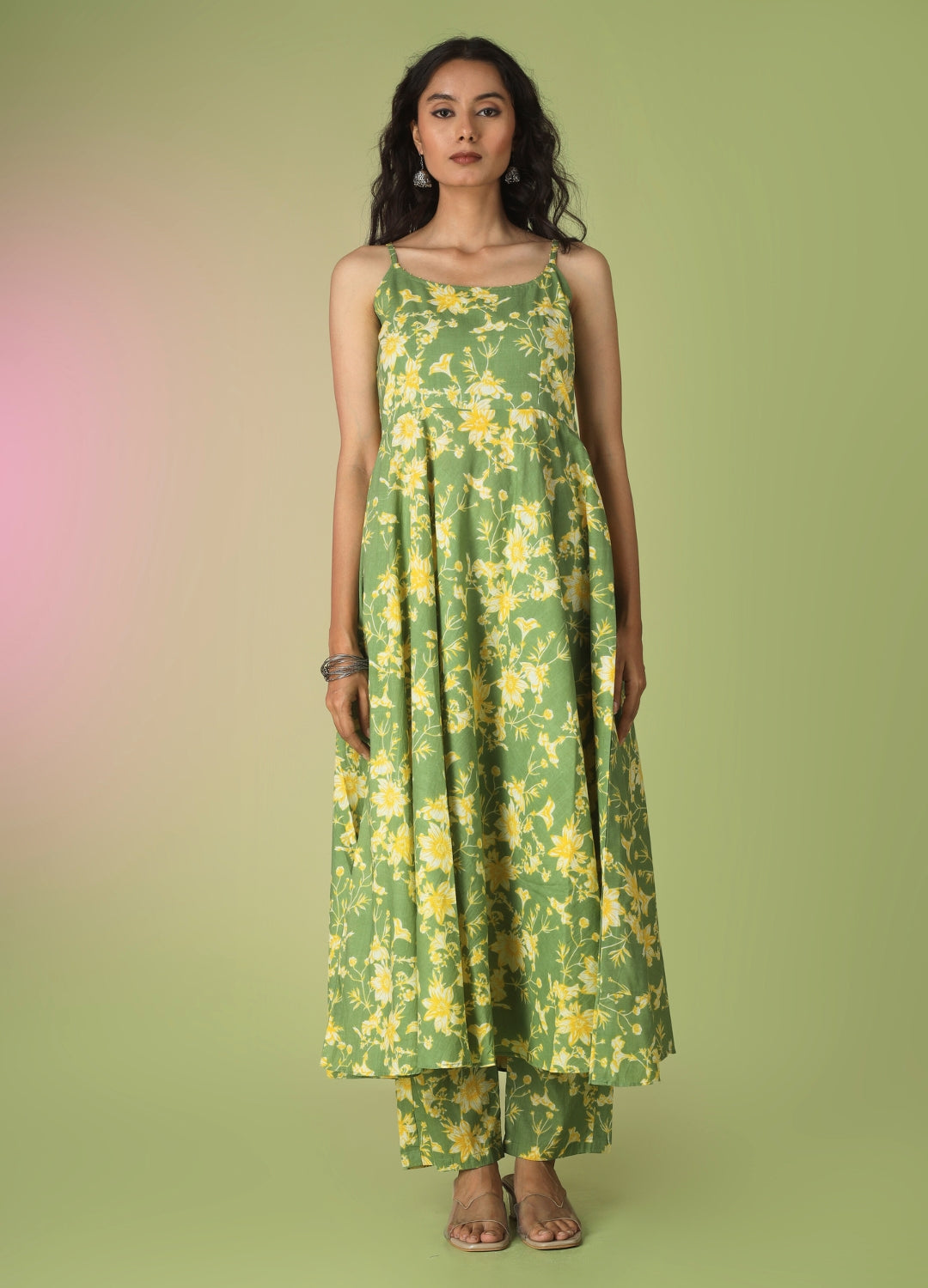 Green Printed Strappy Anarkali Set