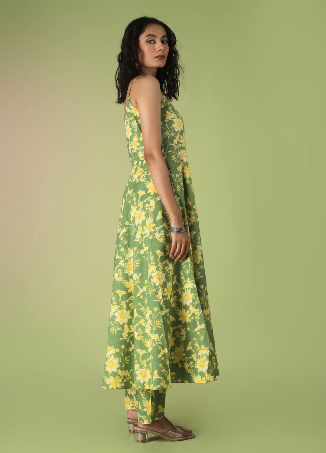 Green Printed Strappy Anarkali Set