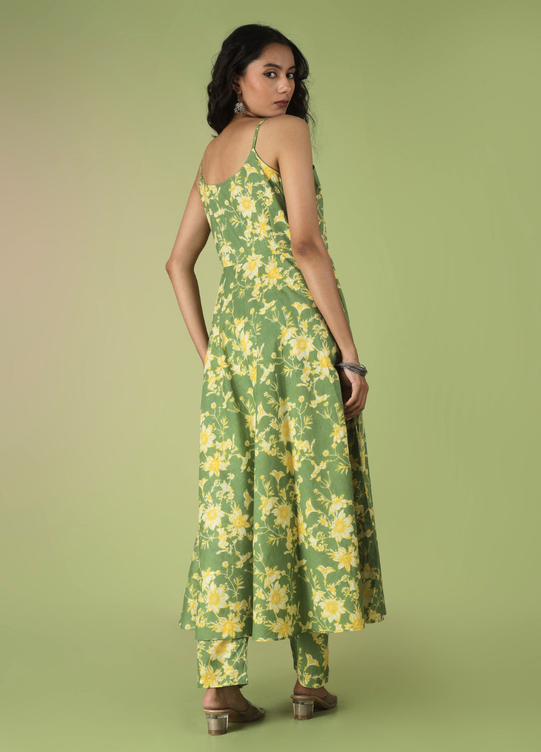 Green Printed Strappy Anarkali Set