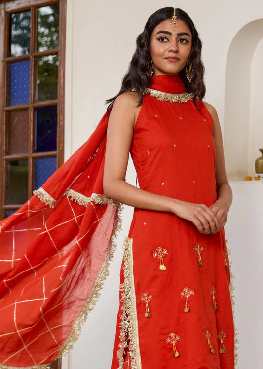 Halter Key Hole Straight Kurta Set - Kesar Orange