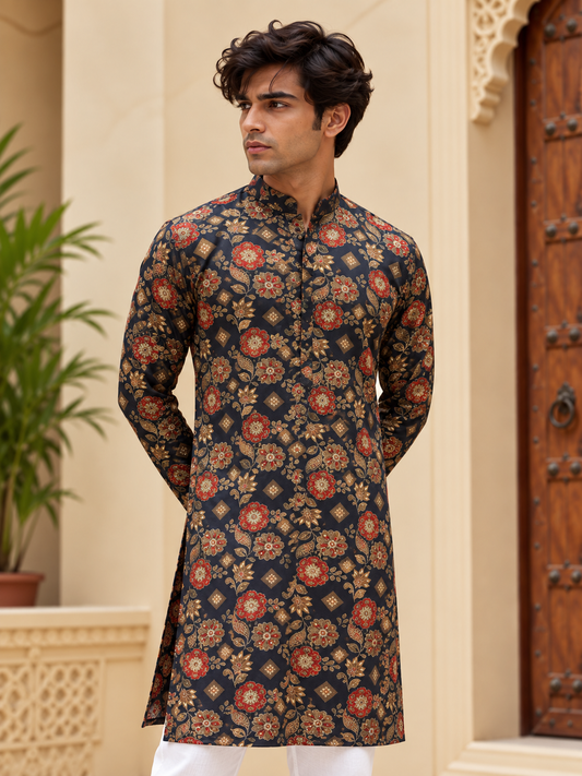 Navy Blue Floral Long Kurta