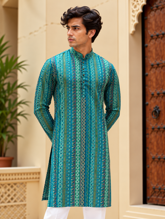 Turquoise Striped Long Kurta