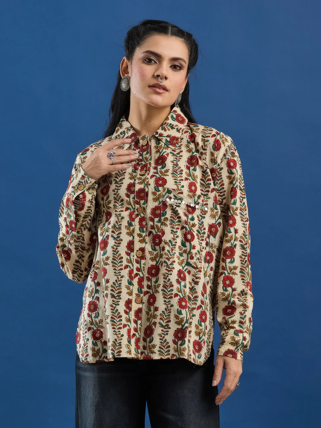 Cream Bagru Handblock Printed Lose Fit Cotton Shirt