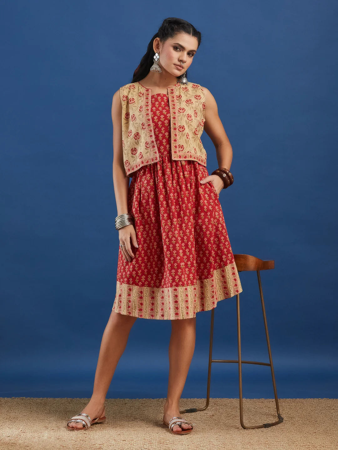 Red Handblock Printed Cotton Dress with Jacket