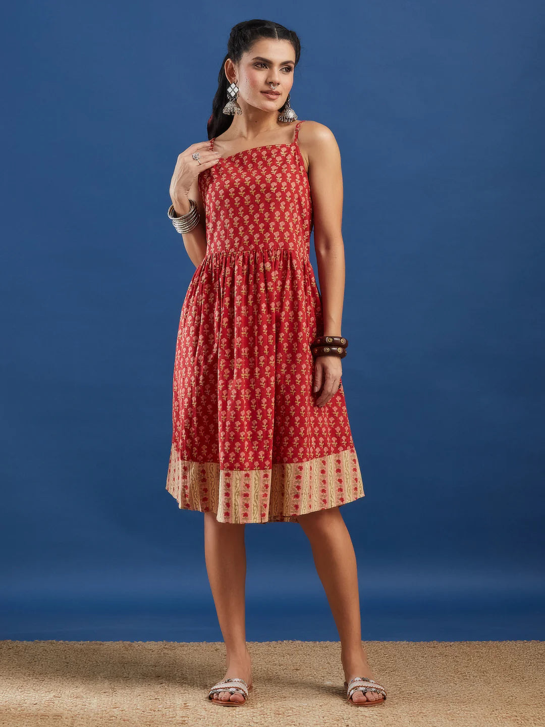 Red Handblock Printed Cotton Dress with Jacket