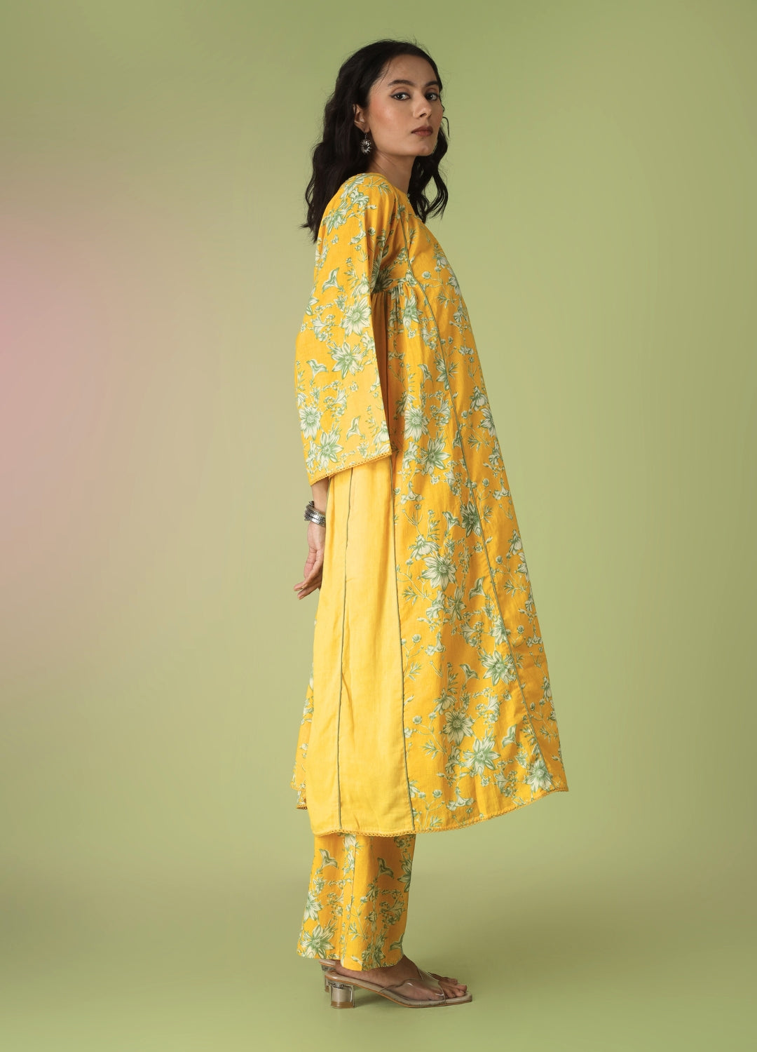 Yellow Printed Side Gathered Anarkali Set
