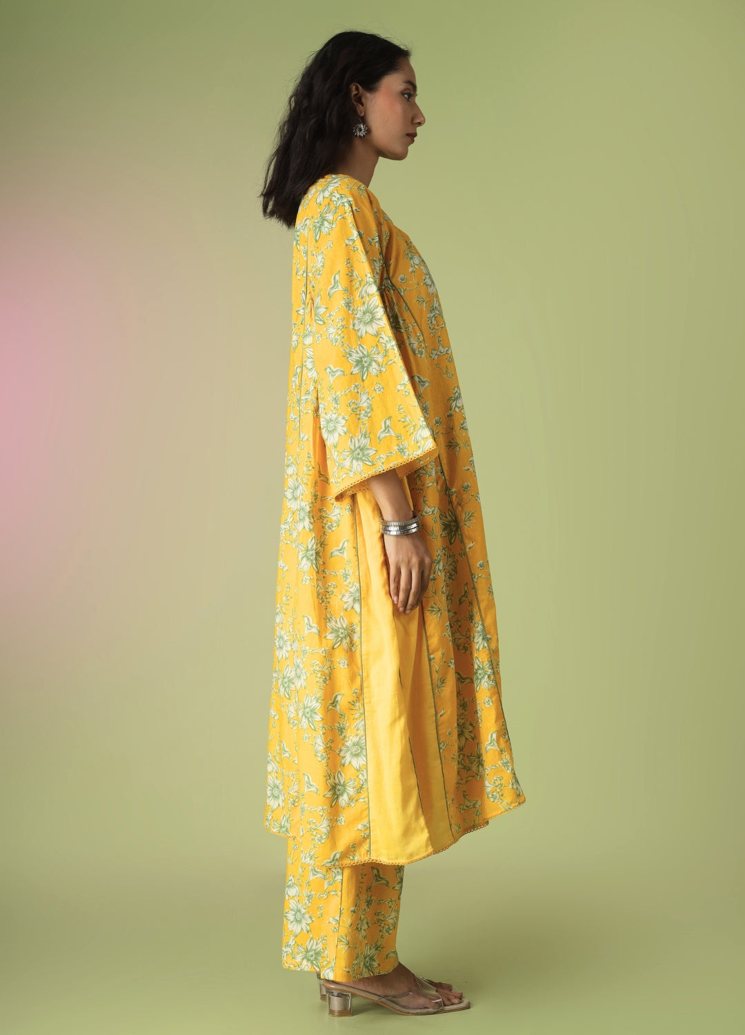 Yellow Printed Side Gathered Anarkali Set
