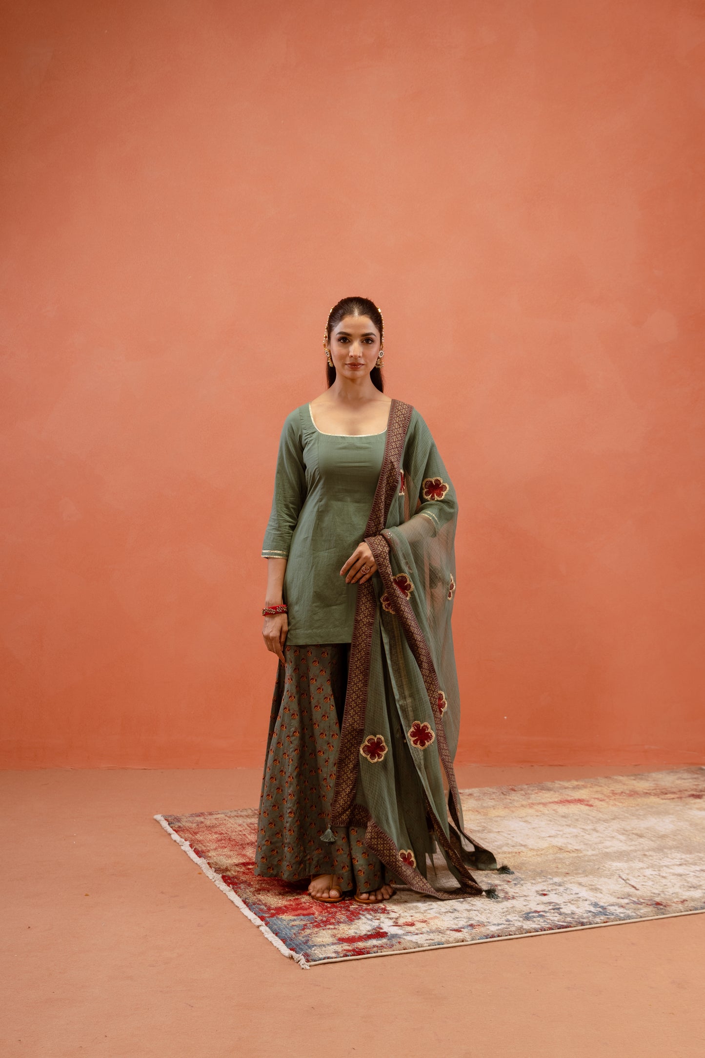 Teal Bloom Sharara Sleeved Set