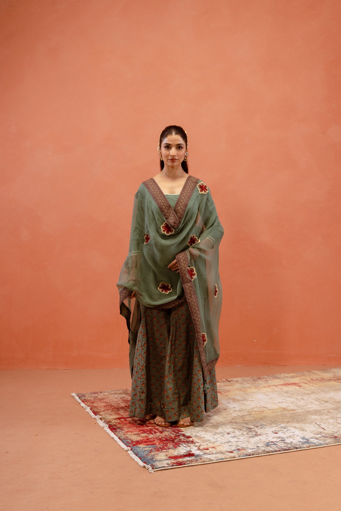 Teal Bloom Sharara Sleeved Set