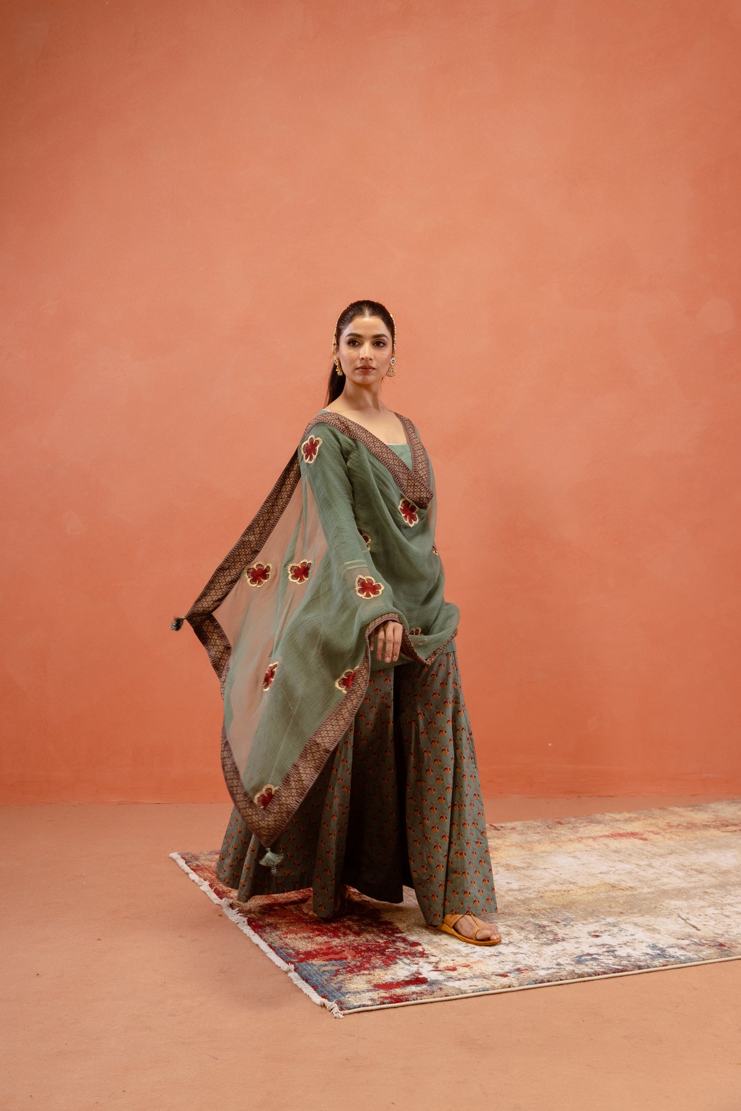 Teal Bloom Sharara Sleeved Set